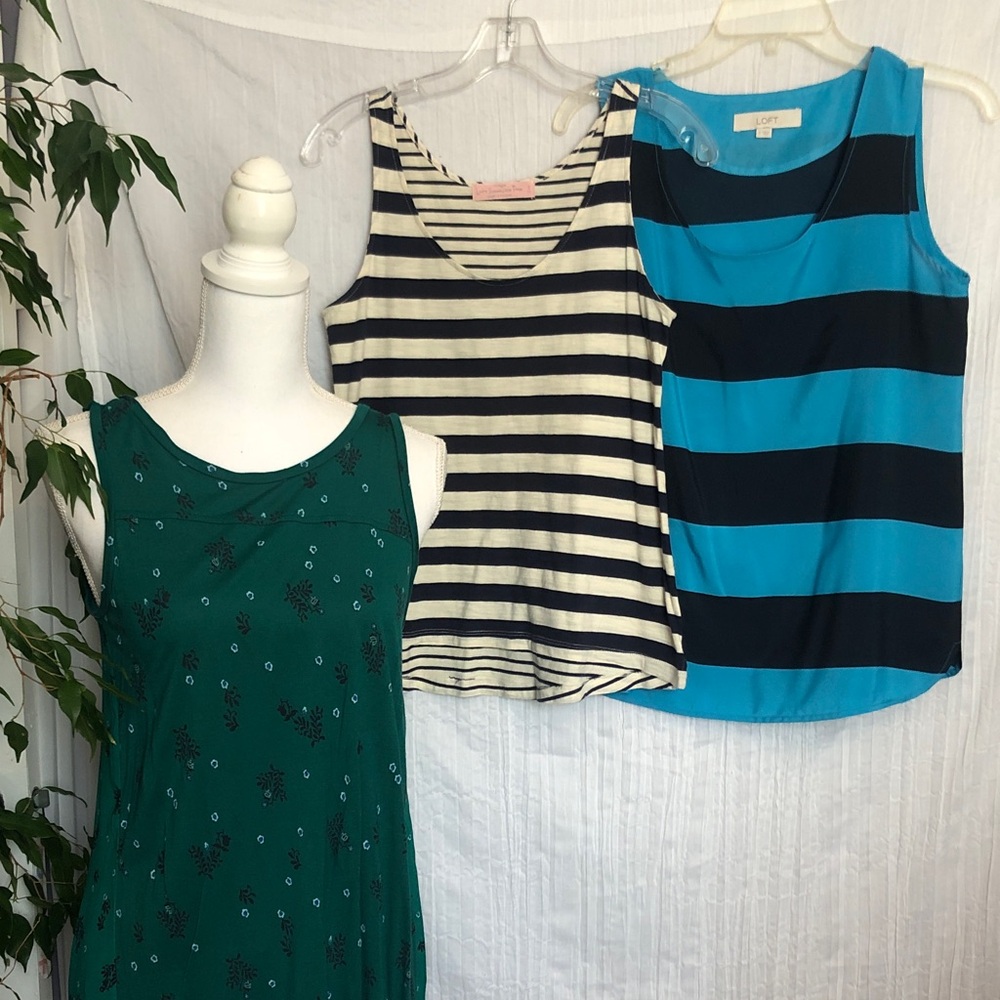 LOFT size small lot of 3 tops bright green & navy striped nautical sleeveless